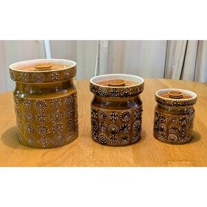 Rare!!! Vintage Portmeirion Totem Canister set of 3 England 1960s Mustard Brown
